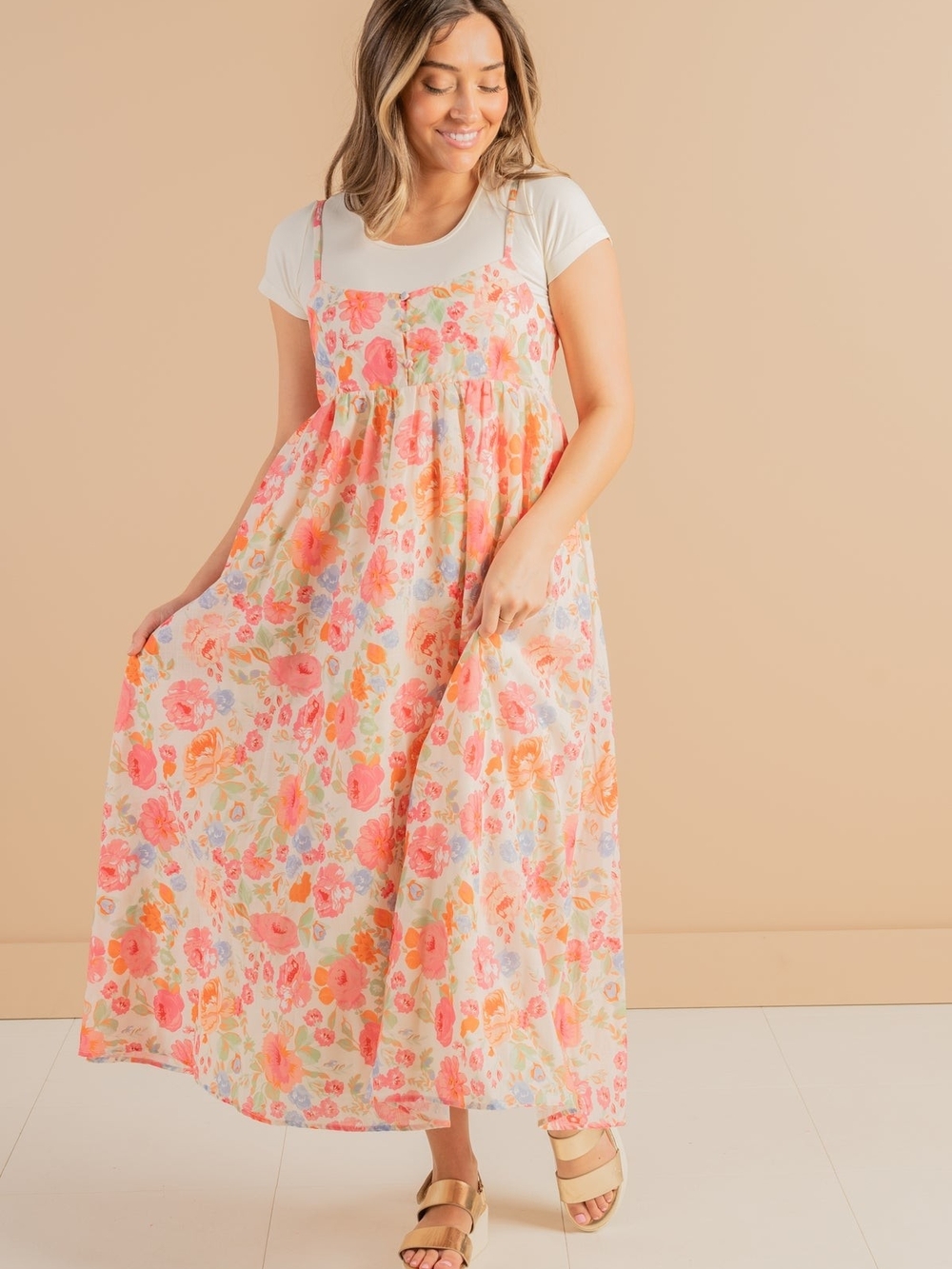 Arula Floral Pink & Peach Maxi Dress